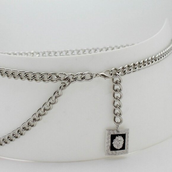 Women High Waist Hip Silver Metal Chain Links Wave Belt Lion Charm Size XS S M - Picture 6 of 17